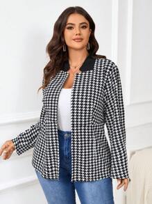 SHEIN Frenchy Plus Size Houndstooth Print Gathered Waist Jacket, Fall/Winter