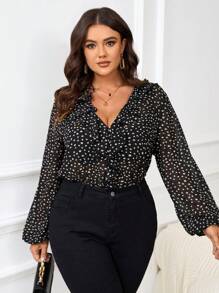 SHEIN Frenchy 大码女式返校装，布里奇顿风格，荷叶边V领，秋季长袖女式浪漫全印花灯笼袖优雅休闲紧身衣，春夏季 - 彩色 - 查看 4