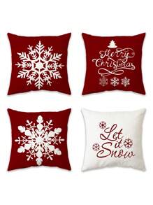 4pcs Home Office Bedroom Pillowcase Short Plush Boho Pillowcase Snowflake Tree Print Pillowcase (No Pillow Core) - Red - View 1