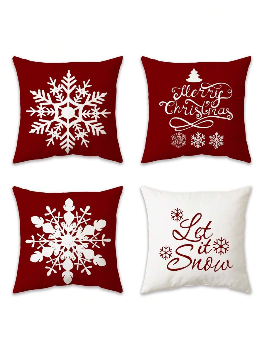 4pcs Home Office Bedroom Pillowcase Short Plush Boho Pillowcase Snowflake Tree Print Pillowcase (No Pillow Core) - Red - View 1
