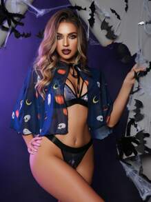 3件套印花网眼胸罩套装女士性感无钢圈内衣，万圣节 - 彩色 - 查看 5