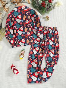 男童圣诞快乐极简主义圣诞老人、驯鹿、雪人图案阻燃圣诞开衫和裤子两件套家居服 - 彩色 - 查看 2