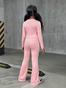 SHEIN SLAYR Tween Girl Tween Girl 休闲街头风格纯色圆领长袖针织套装（母女配套服装，2 套单独出售） - 粉色 - 查看 6