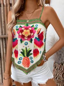 Selianne 女士休闲宽松植物印花吊带背心 图案 T 恤 女士上衣 - 彩色 - 查看 4