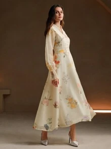 Anewsta 女式 V 领纽扣长袖花卉欧根纱连衣裙长款女装 - 白色 - 查看 7