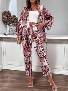 SHEIN LUNE Conjunto informal de 2 piezas con cárdigan y pantalones de mujer con estampado floral de manga 3/4, primavera y verano - Multicolor - Ver 4