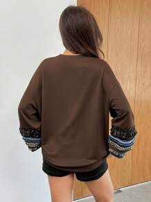 SHEIN EZwear 复古撞色荷叶边下摆休闲套头衫 - 棕色 - 查看 2