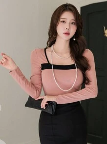 DAZY Women's Crew Neck Contrast Color Fitted Long Sleeve T-Shirt,Fall Women Clothes