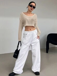DAZY 女士休闲宽松字母印花短款上衣，春夏 - 杏色 - 查看 2