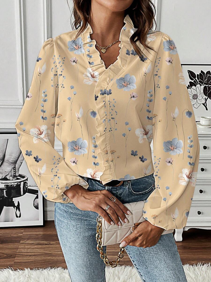 SHEIN LUNE 女士花卉印花 V 领荷叶边长袖衬衫 - 杏色 - 查看 1