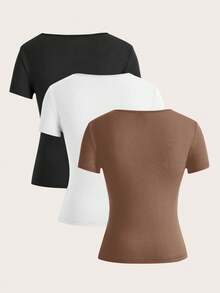 SHEIN Frenchy Solid Color V-Neck T-Shirt Summer Tops Vacation Clothes - Brown - View 2