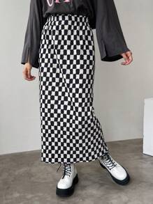 FRIFUL 女士格子直筒裙，铅笔裙，返校服装 - 黑與白 - 查看 4