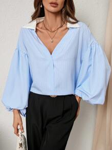 SHEIN Privé Women's Elegant Resort & Office Stylish Lantern Sleeve Button V-Neck Polka Dot Print White Shirt Old Money Quiet Luxury Fall Clothes Work Women Blouses Fall Blouses. White Collar Shirt