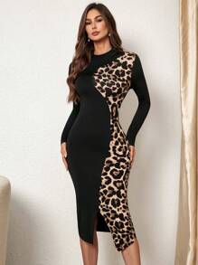 SHEIN Privé 女式撞色拼接长袖修身中长连衣裙