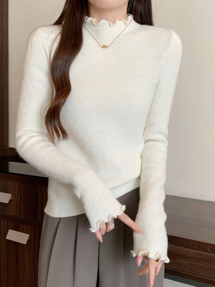 Women's Plain Round Neck Long Sleeve Thick Thermal Lined Sweater, Autumn Winter,Long Sleeve Tops,Fall Women Clothes