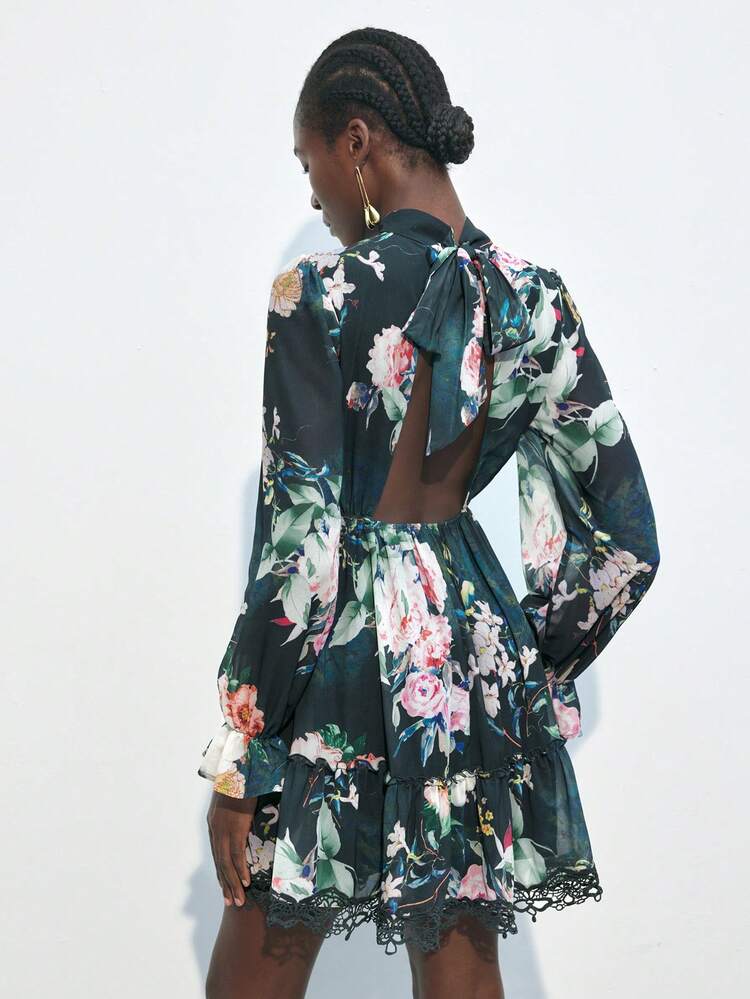 SHEIN Maija Women Floral Print Long Sleeve Short Dress Elegant Dress Floral Dress