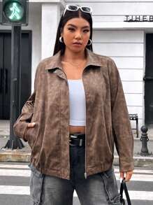 Flirla Áo khoác tay dài in họa tiết tie dye xuân thu cỡ lớn cho nữ - Cà phê nâu - Xem 7