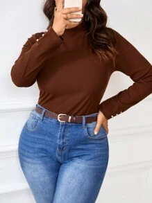 SHEIN Frenchy 大码纯色高领休闲长袖 T 恤 - 咖啡棕 - 查看 2