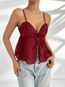 Chiquease Chiffon Sleeveless V-Neck Drawstring Fitted Tank Top - Burgundy - View 3