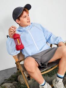 SHEIN Jaqueta esportiva com capuz para adolescentes com bolsos, resistente à água e à abrasão, para caminhadas, acampamentos, pesca, azul claro