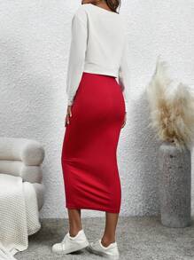 SHEIN LUNE 2 件套：不对称领口“NOPE”印花长袖上衣和纯色连衣裙，适合新年服装 - 紅色 - 查看 2