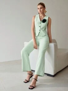 MOTF PREMIUM CONTRAST MESH STEREO FLOWER DETAIL V-NECK WAISTCOAT - Green - View 7