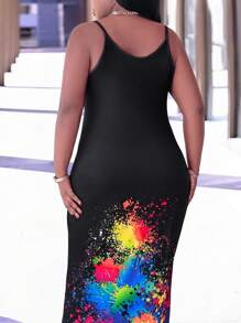 LONESS Plus Size Summer Dress With Letter Print, Ink Splash Design And Spaghetti Straps