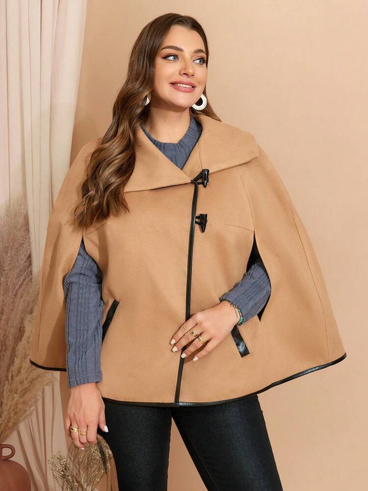 Plus Size Women Elegant Woolen Horn Button Cape Coat, Autumn/Winter