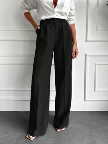EURMUSE Solid Slant Pocket Wide Leg Suit Pants - Black - View 1