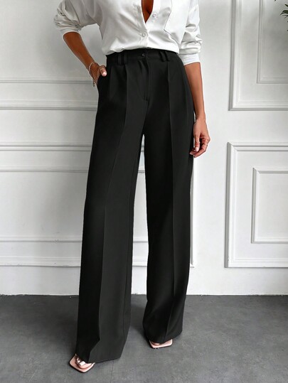 EURMUSE Solid Slant Pocket Wide Leg Suit Pants