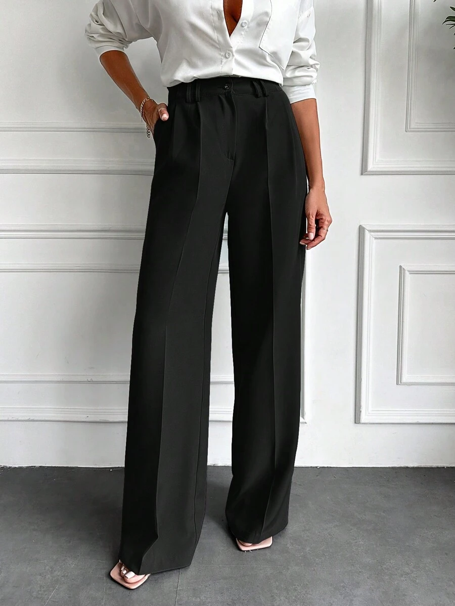 EURMUSE Solid Slant Pocket Wide Leg Suit Pants - Black - View 1