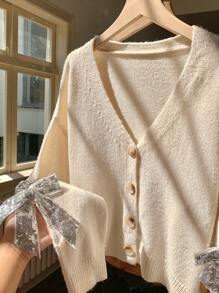 Comfortcana Women's V-Neck Button Down Long Sleeve Bow Tie Elegant Cardigan Sweater - Beige - View 4