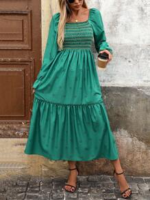 SHEIN LUNE فستان أكمام فوانيس بأكمام طويلة بطبعة زهور مع كشكشة عند الياقة والذيل