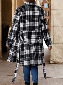 SHEIN Clasi Plus Size Women's Black And White Plaid Metal Button Cinched Waist Jacket, Autumn/Winter