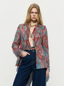 Maija 女式红色花卉印花翻领垫肩长袖前口袋时尚百搭度假风格西装外套，早春