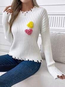 Chiquease 女士3D爱心装饰长袖套头毛衣，秋冬针织套头衫 - 白色 - 查看 4