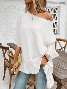 SHEIN LUNE 女士纯色休闲不对称肩长袖衬衫荷叶边单肩上衣 - 白色 - 查看 7