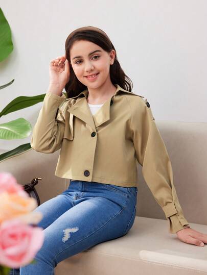 Khaki Tween Girl Casual Wind Jacket With Shawl Collar, Belt And Wind Stopper