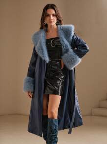 Anewsta 女式长款人造皮革海军蓝翻领大衣，配狐狸毛袖口 - 藏蓝色 - 查看 6