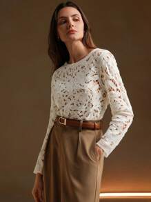 Anewsta Casual Long Sleeve Women Sweater, Crochet Style With Hollow Tree Pattern, Women Casual Outfit - White - View 3