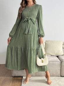 SHEIN Maternity Solid Round Neck Long Sleeve Tie Front Midi Dress - Mint Green - View 5