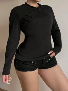 Flirla Plus Size Cheongsam Collar Button-Detailed Long Sleeve Fleece T-Shirt - Black - View 7