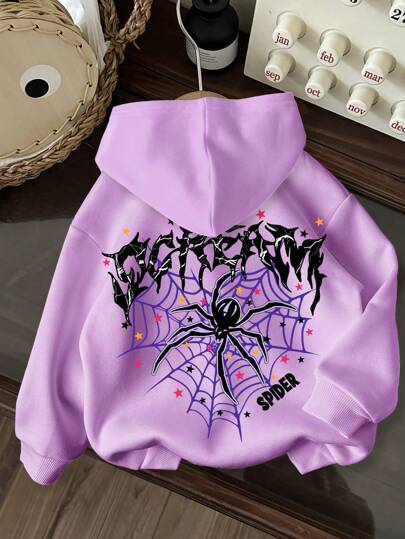 SHEIN Tween Girls' Casual Minimalist Personalized Cartoon Spider & Letter Print Loose Fit Purple Long Sleeve Hoodie Sweatshirt, Suitable For Autumn/Winter Halloween