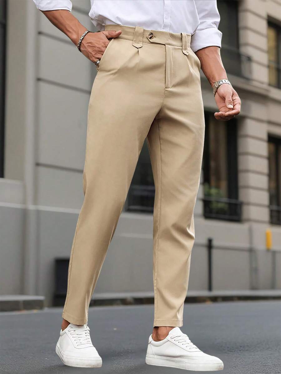 Calvornis Men Solid Color Tapered Suit Pants - Khaki - View 1