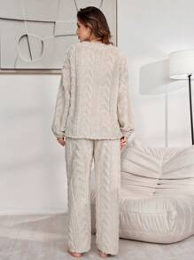 Lazeform Women's Solid Color Jacquard Velour Crew Neck Long Sleeve Pajama Set