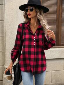 EMERY ROSE Long Sleeve Shirt Women's Plaid Button-Up Long Sleeve Shirt - Red - View 3