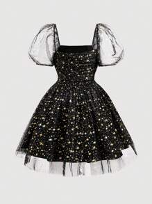 SHEIN MOD 大码女式黑色浪漫闪光星星网眼泡泡袖荷叶边网眼连衣裙 - 彩色 - 查看 2
