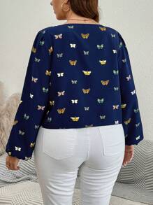 SHEIN LUNE 大码圆领蝴蝶印花扭纹袖口长袖衬衫职业上衣秋季衬衫女式上衣商务休闲女式工作衬衫商务衬衫