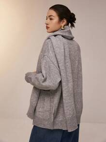 Poéselle 针织外套配围巾，宽松开衫配秋灰色围巾图案，极简云朵花纱，针织披肩，圣诞毛衣，美式毛衣 - 灰色 - 查看 2