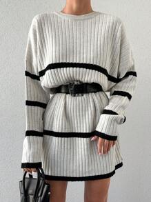 EURMUSE 女士休闲撞色条纹针织连衣裙，秋冬款 - 米色 - 查看 4